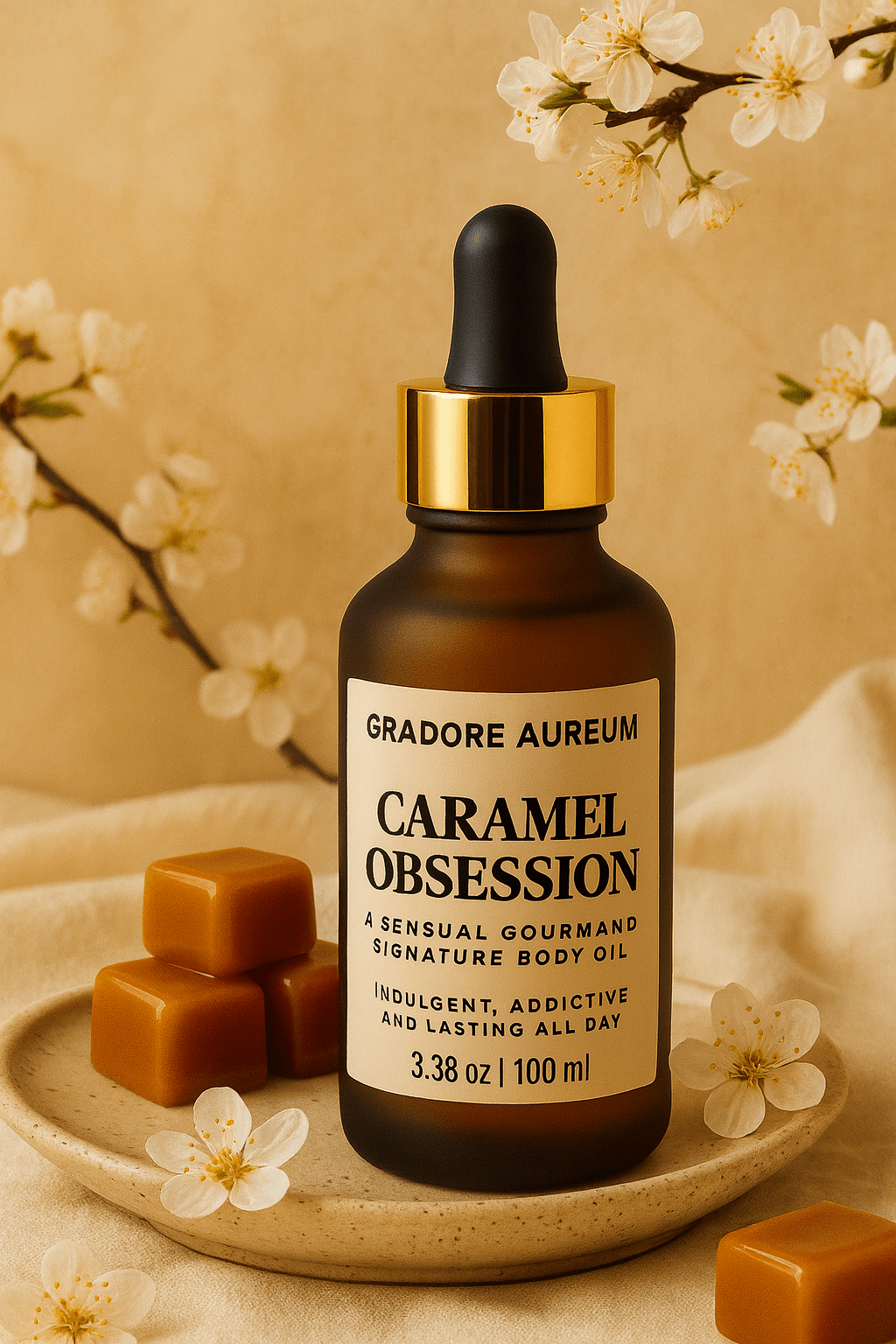 Caramel Obsession Perfumed Body Oil | 100ml Luxury Body Oil | Nourishing, Non-Greasy, Fast-Absorbing, Long-lasting Fragrance | Self-Care & Skincare Gift | GRADORE AUREUM