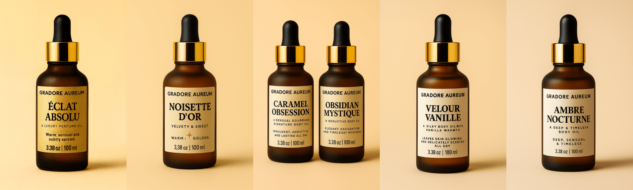 Create Your Own Bundle – 6 Luxury Body Oils (100 ml each) | 100ml Luxury Body Oil | Nourishing, Non - Greasy, Fast - Absorbing, Long - lasting Fragrance | Self - Care & Skincare Gift | GRADORE AUREUM
