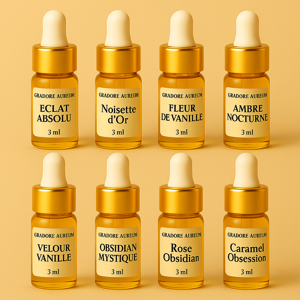 ✨ Discovery Pack of 8 – Perfumed Body Oils (3 ml each) ✨ | 100ml Luxury Body Oil | Nourishing, Non - Greasy, Fast - Absorbing, Long - lasting Fragrance | Self - Care & Skincare Gift | GRADORE AUREUM