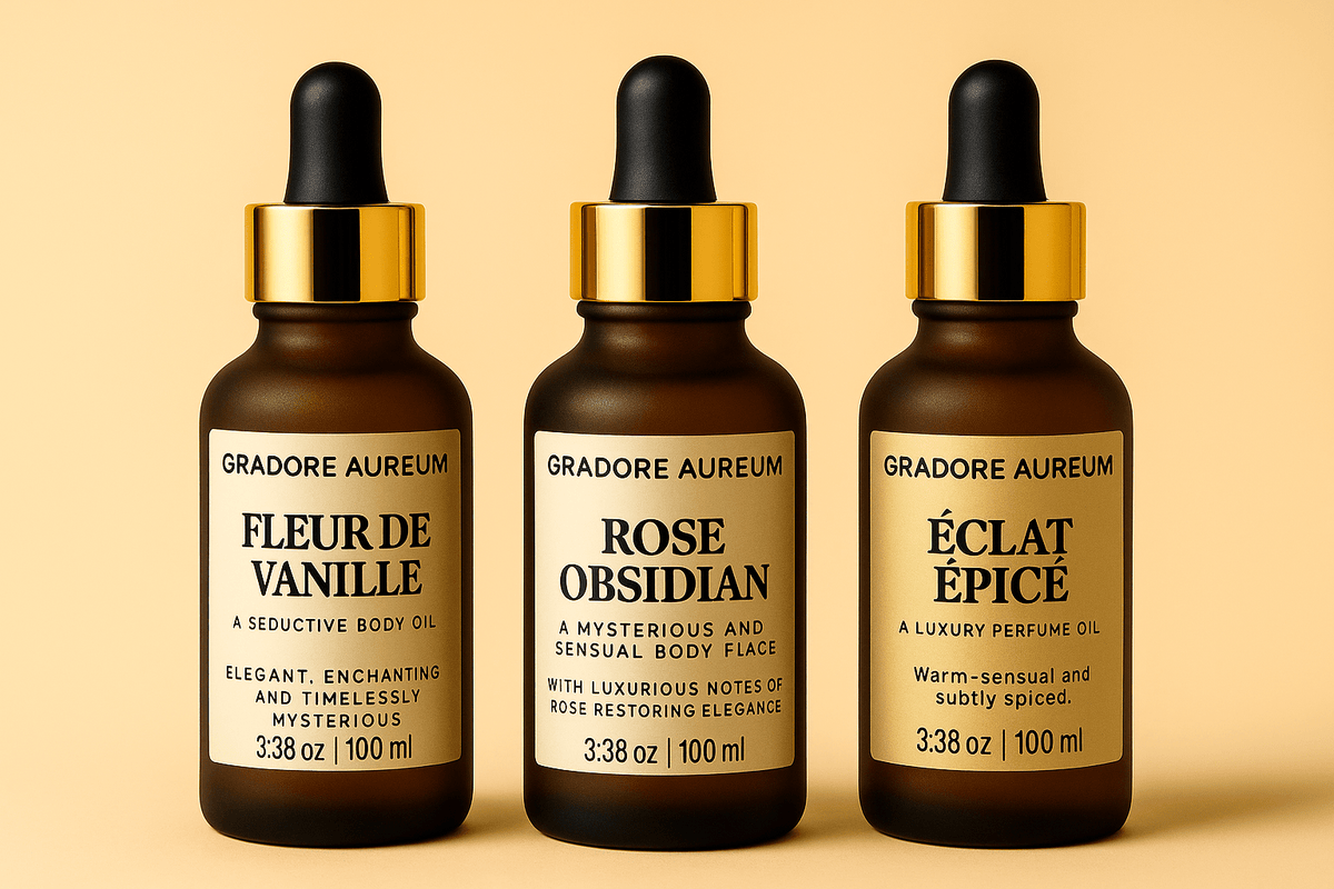 Signature Trio – 3 × 100 ml Perfumed Body Oils | 100ml Luxury Body Oil | Nourishing, Non - Greasy, Fast - Absorbing, Long - lasting Fragrance | Self - Care & Skincare Gift | GRADORE AUREUM