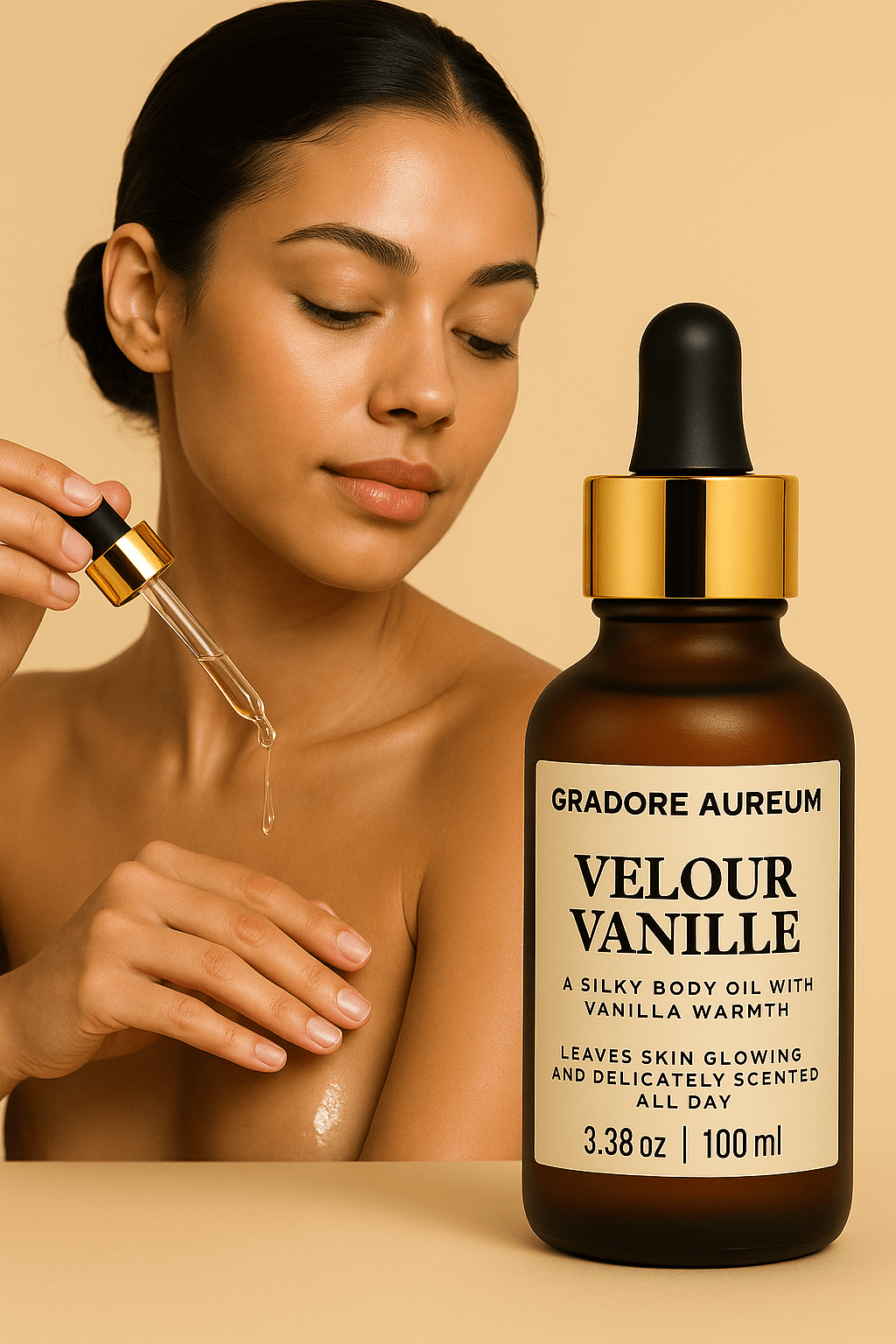 Velour Vanille – Luxury Perfumed Body Oil (100 ml) | 100ml Luxury Body Oil | Nourishing, Non - Greasy, Fast - Absorbing, Long - lasting Fragrance | Self - Care & Skincare Gift | GRADORE AUREUM